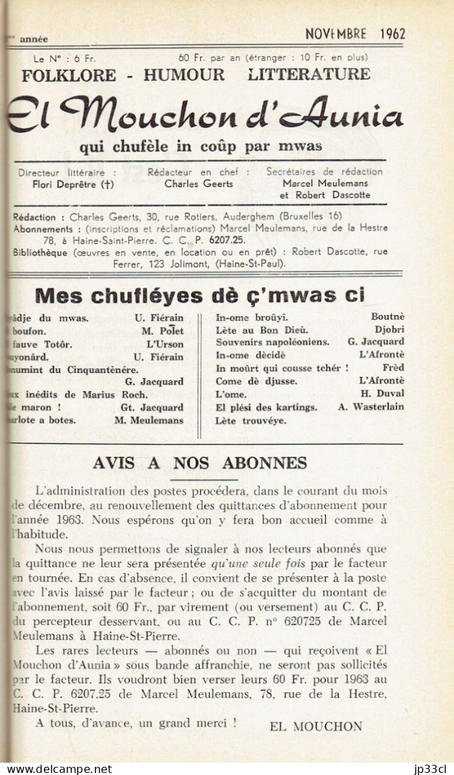 El Mouchon d'Aunia année 1962 M. Meulemans U. Fiérain R. Dascotte H. Duval L. Declercq J. Godart A. Wasterlain M. Denuit