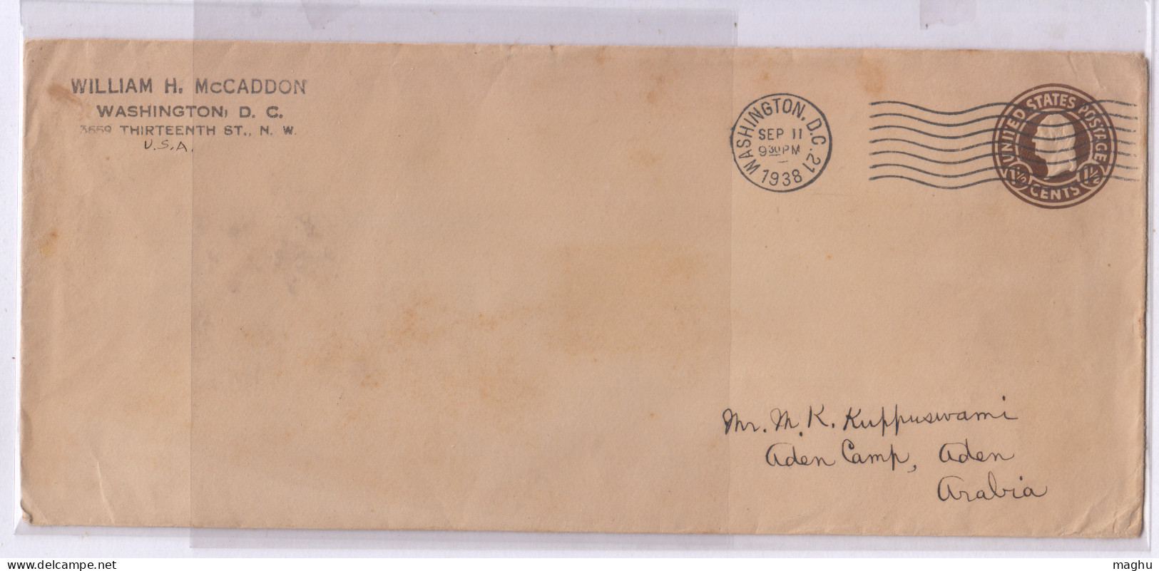 USA To Aden Camp, Postal Stationery Used 1938, Wshington DC , (cond., Poor) - 1921-40