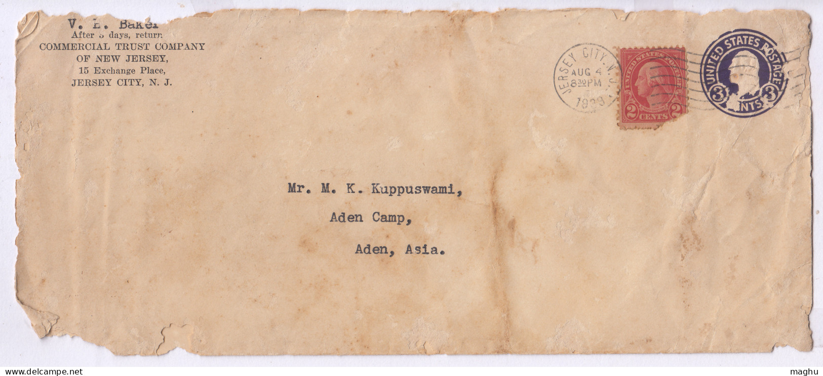 USA To Aden Camp, Postal Stationery Used 1939, Jersey City , (cond., Poor / Torn) - 1921-40