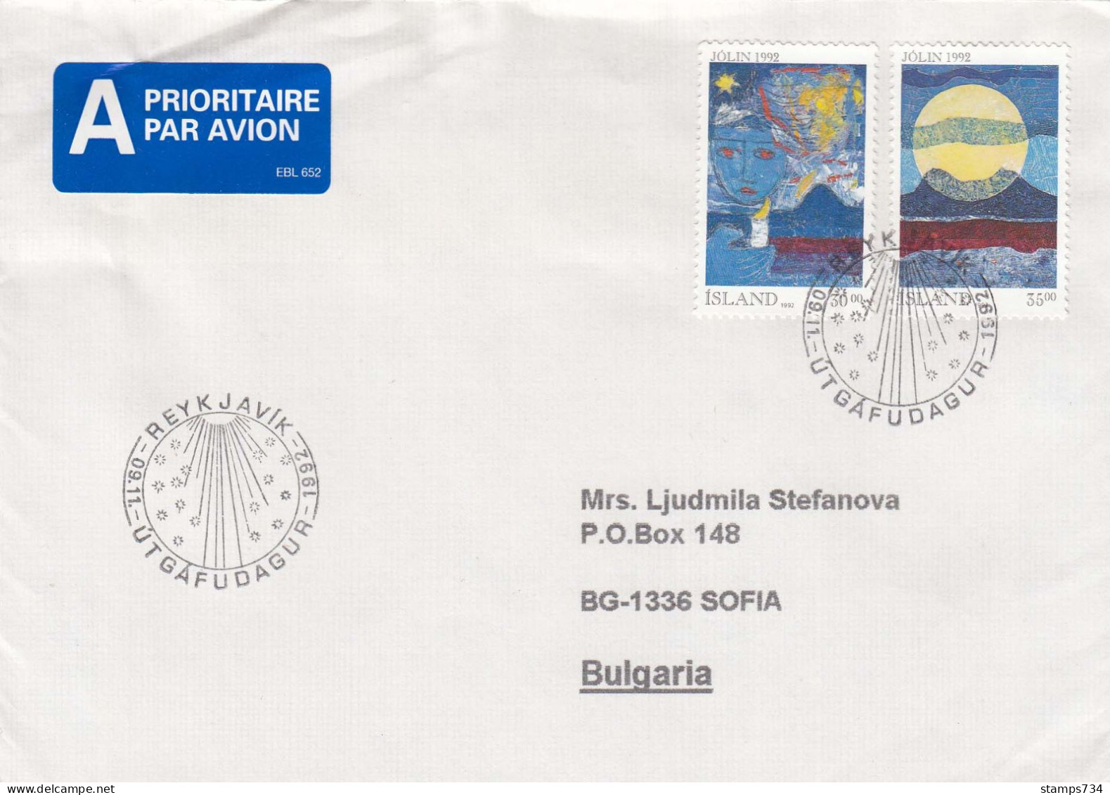 Iceland 1992 - Christmas, Letter Ordinary+priority With FDC Cancelation From Reykjavik To Sofia/Bulgaria - Covers & Documents