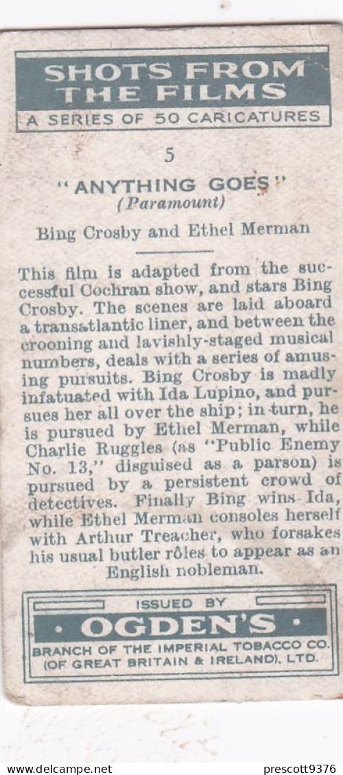 Shots From The Films 1935 - 5 Bing Crosby & Ethel Merman "Anything Goes" - Ogdens Cigarette Card - - Ogden's