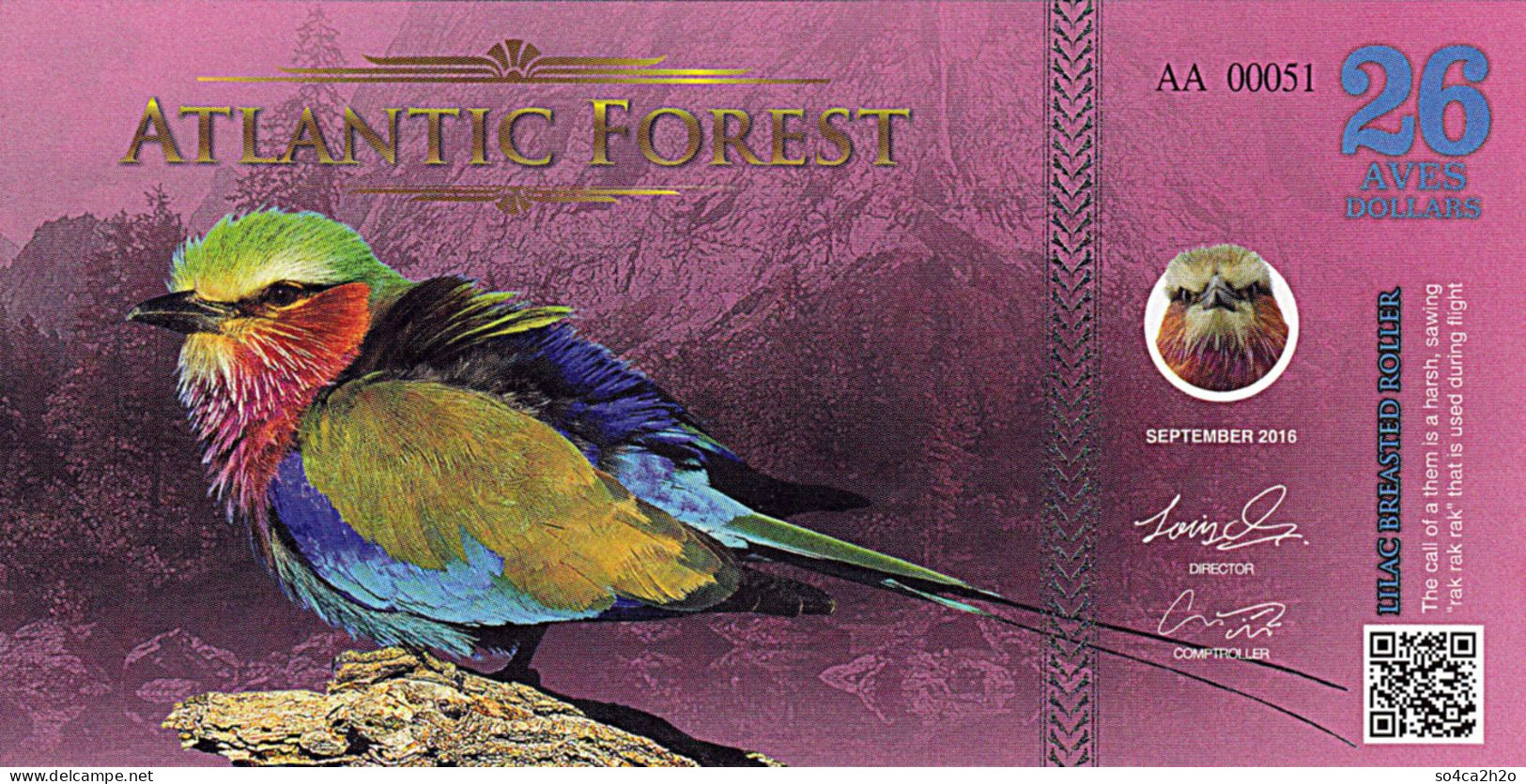 Atlantic Forest 26 Aves Dollars UNC Septembre 2016 Le Rollier à Longs Brins - Fictifs & Spécimens