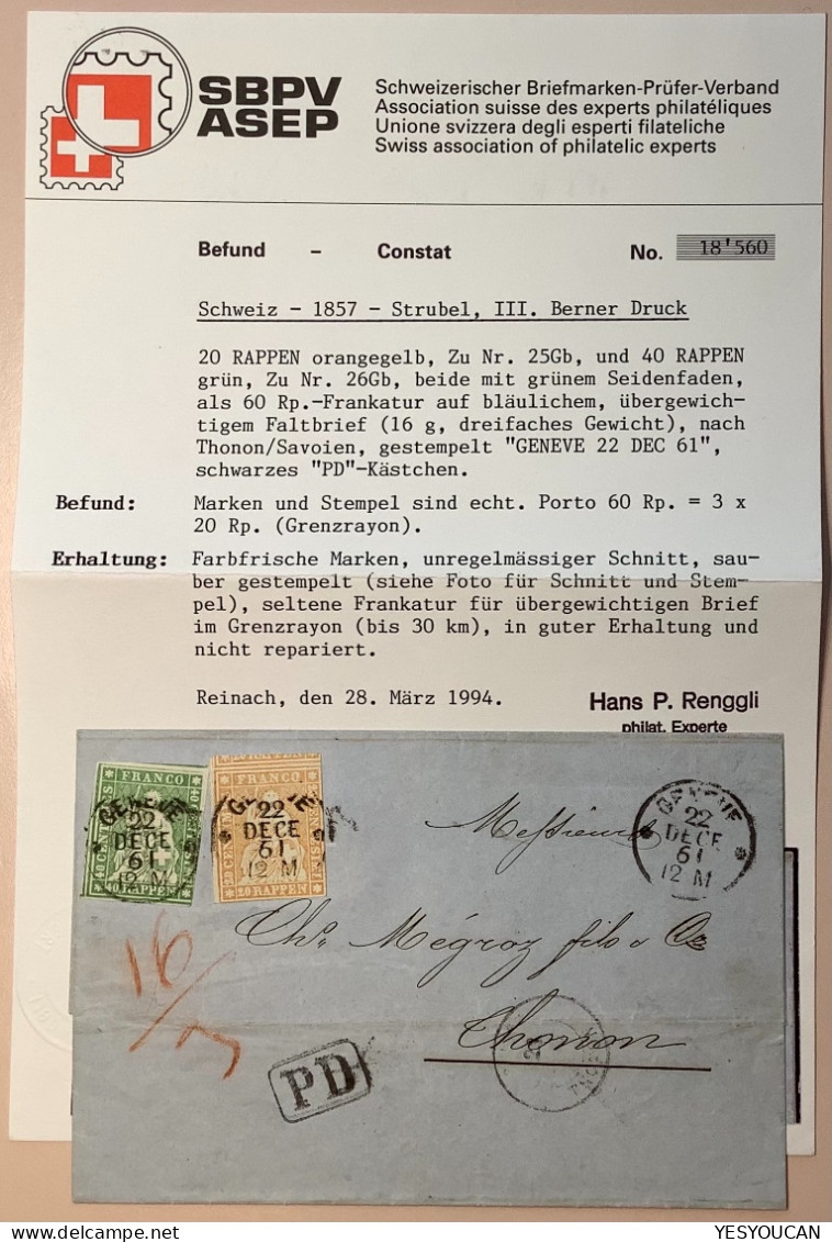 RARITÄT: 3 FACHER GRENZRAYON1861 GENÉVE>THONON(Haute Savoie France)Schweiz Strubel Brief (Suisse Lettre Port Frontalier - Covers & Documents