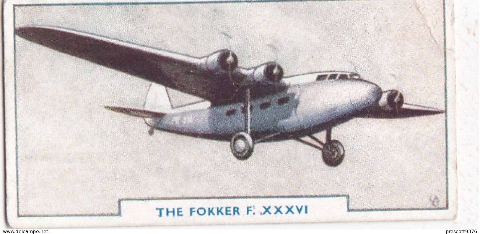 Aircraft 1938 - 46 Fokker F XXXVI - Godfrey Phillips Cigarette Card - Ogden's