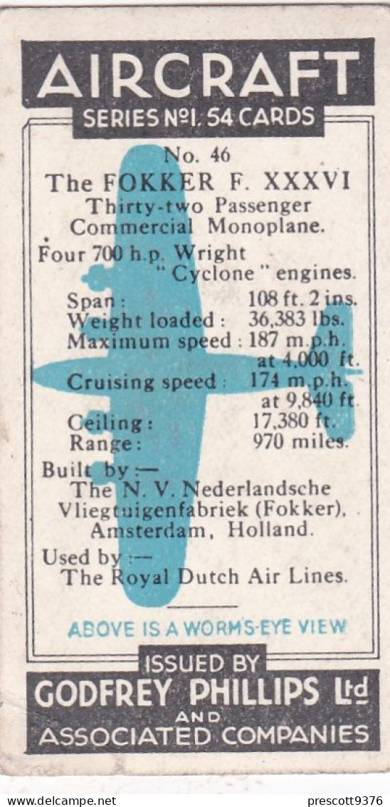 Aircraft 1938 - 46 Fokker F XXXVI - Godfrey Phillips Cigarette Card - Ogden's