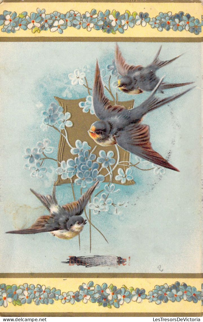 ANIMAUX - OISEAUX - Hirondelles Et Fleurs Bleues -  Carte Postale Ancienne - Oiseaux