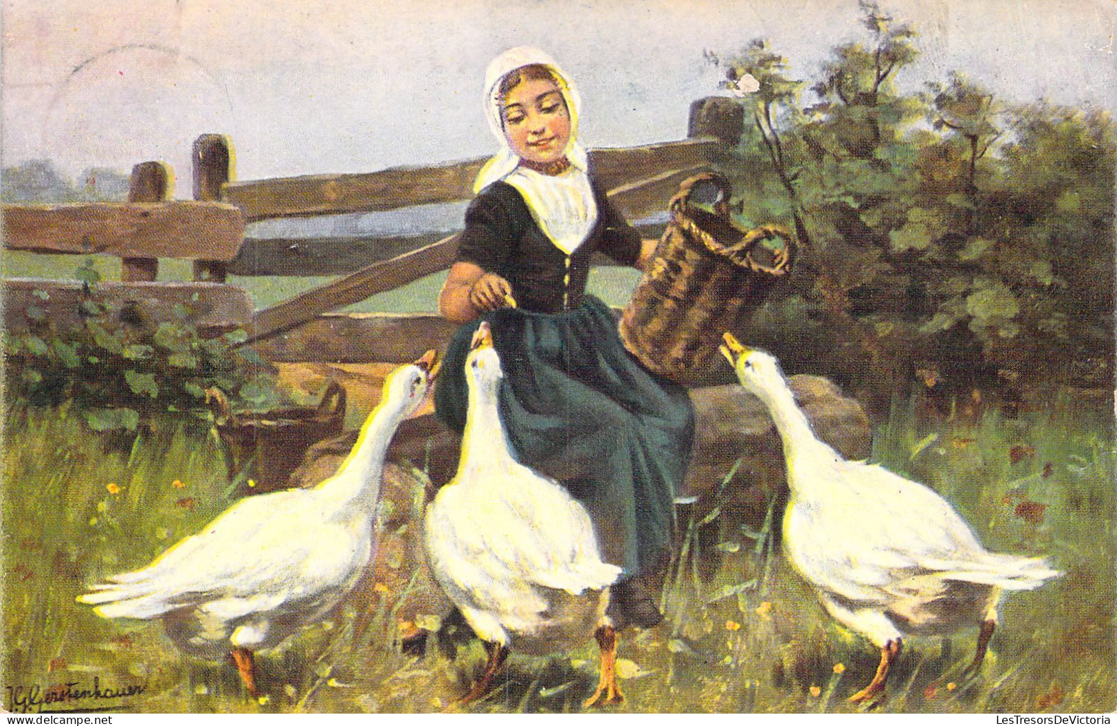 ANIMAUX - Fermière Nourrit Ses Oies - Illustration Gerstenhauer -  Carte Postale Ancienne - Otros & Sin Clasificación