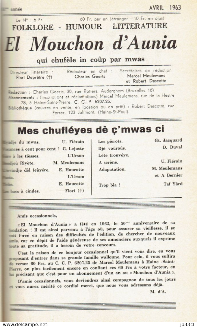 El Mouchon D'Aunia Année 1963 U Fiérain M. Meulemans G Jacquard H. Duval A Wasterlain E. Haucotte G. Lejuste A. Bernier - Sonstige & Ohne Zuordnung