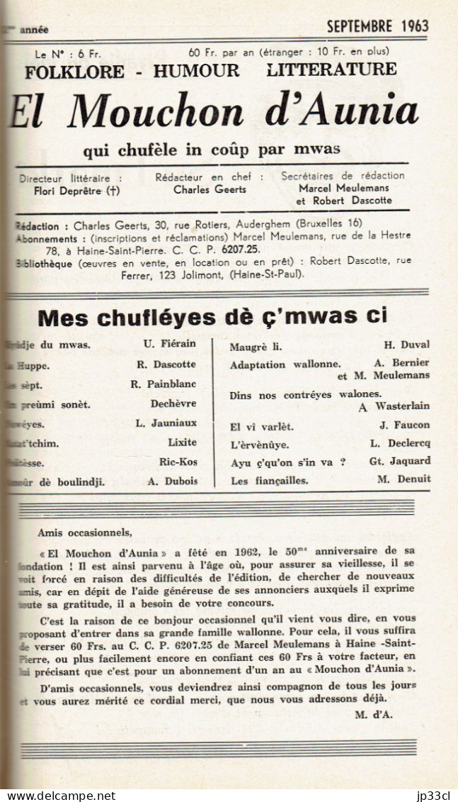 El Mouchon d'Aunia année 1963 U Fiérain M. Meulemans G Jacquard H. Duval A Wasterlain E. Haucotte G. Lejuste A. Bernier