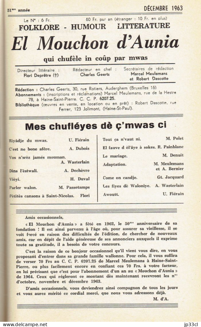 El Mouchon d'Aunia année 1963 U Fiérain M. Meulemans G Jacquard H. Duval A Wasterlain E. Haucotte G. Lejuste A. Bernier