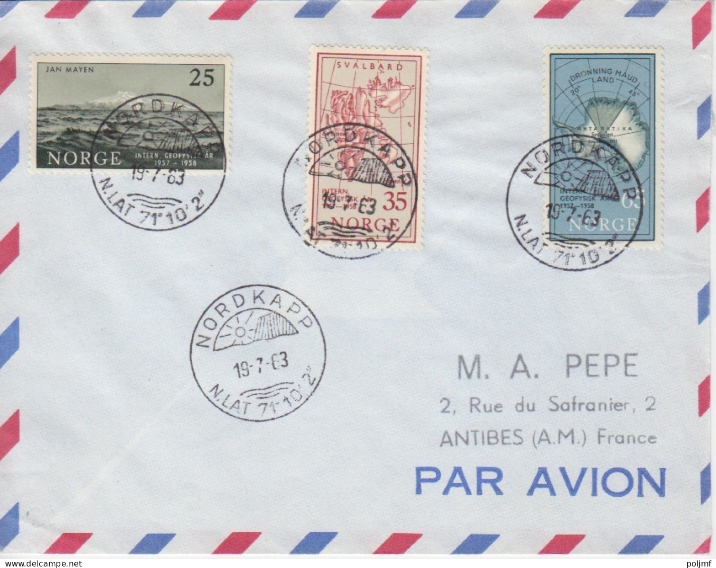 2 Lettres Par Avion Obl. Nordkapp Le 17/7/63 Sur N° 376, 377, 378 (AGI), 419, 420 (Admunsen) - Brieven En Documenten