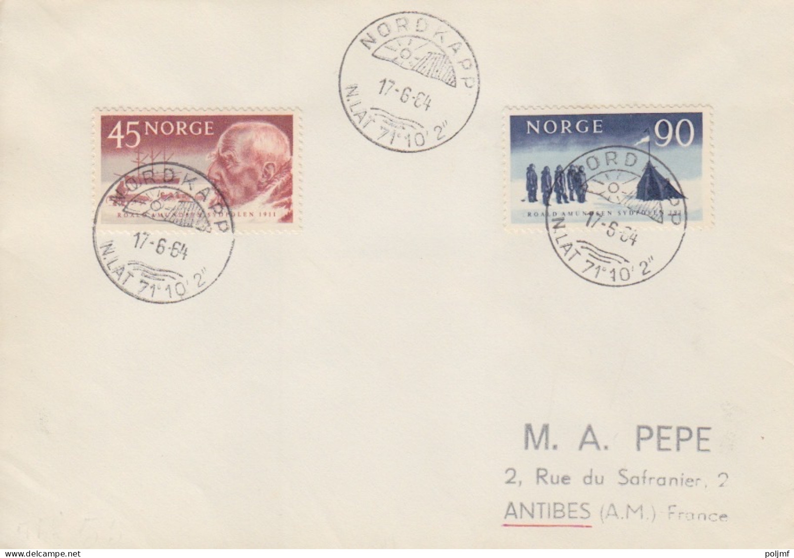 2 Lettres Obl. Nord Kapp Le 17/6/64 Sur N° 376, 377, 378 (AGI), 419, 420 (Admunsen) - Covers & Documents