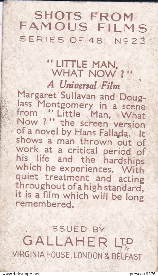 23 Margaret Sullivan Douglas Montgomery "Little Man What Now"- Shots From Famous Films 1935 - Gallaher Cigarette Card - Gallaher