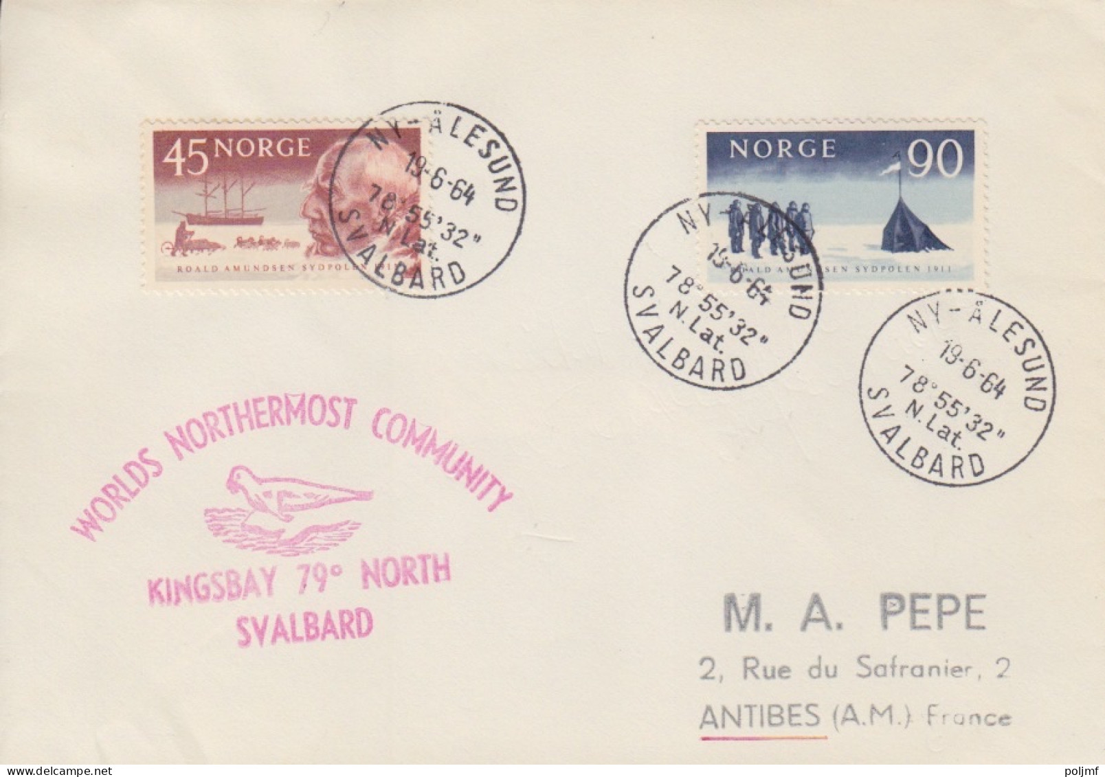 Lettre Obl. Ny Alesund Le 19/6/64 Sur N° 419, 420 (Admunsen) + Cachet Kingsbay 79° North Svalbard - Lettres & Documents