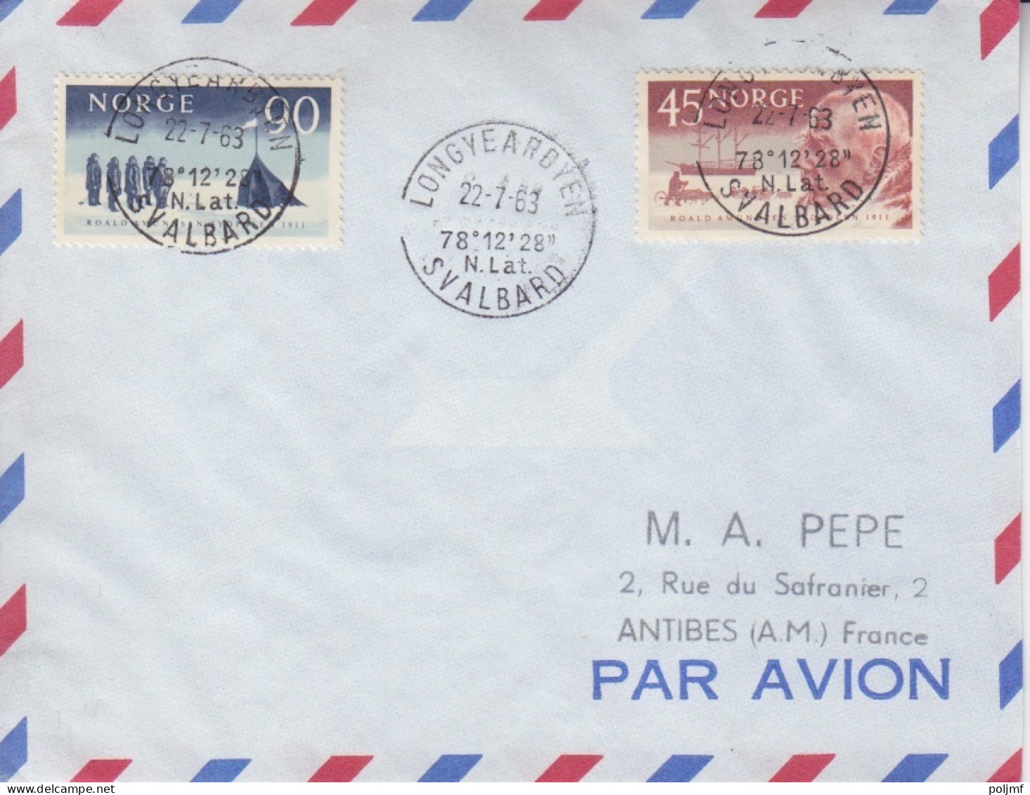 Lettre Par Avion Obl. Longyearbyen Le 22/7/63 Sur N° 419, 420 (Admunsen) - Briefe U. Dokumente