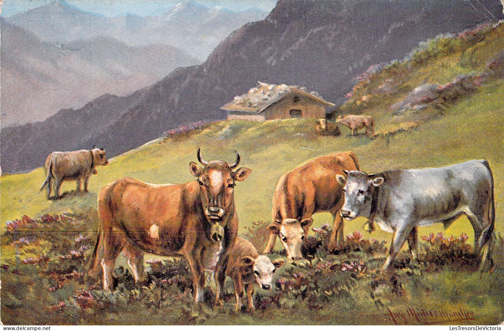ANIMAUX - Illustration - Vaches Dans Un Pré - Carte Postale Ancienne - Kühe