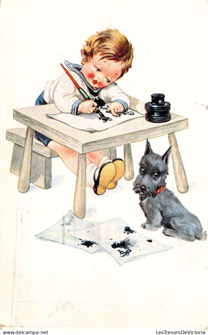 HUMOUR - Enfant - Encrier - Chien - Plume - Illustrat - Carte Postale Ancienne - Humour