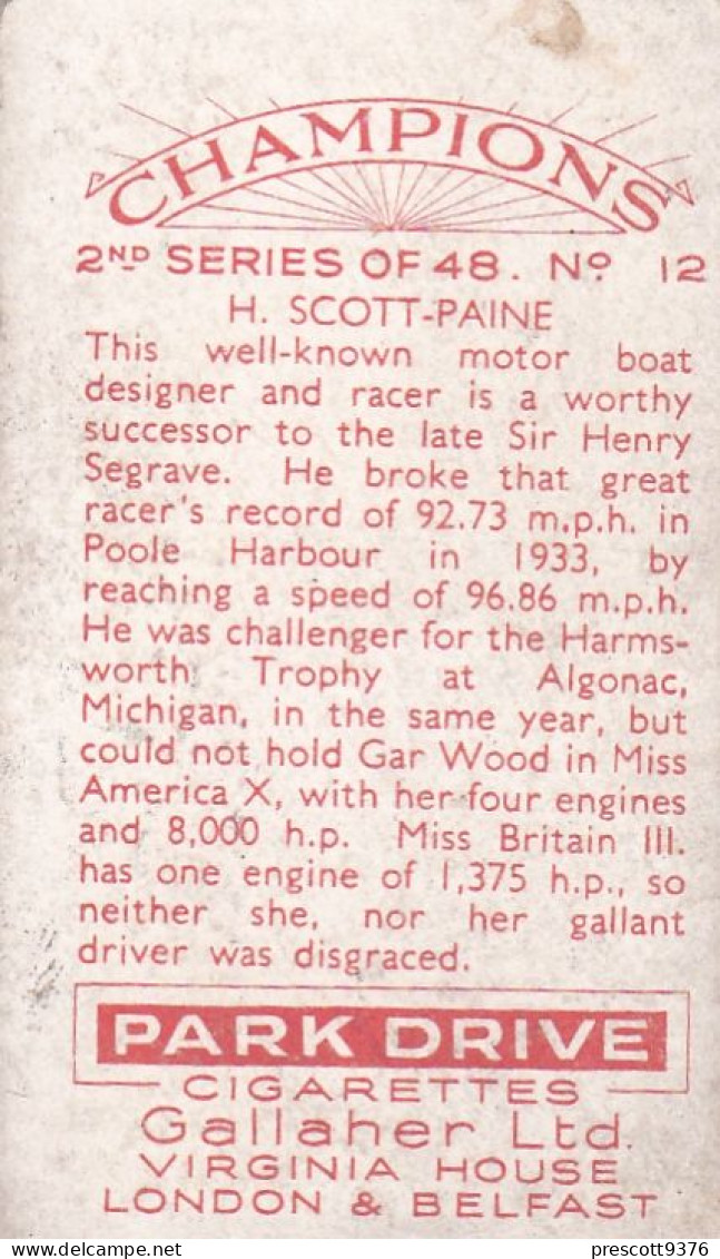 12 H Scott Paine, Motor Boat Racer - Champions 2nd Series 1935 - Gallaher Cigarette Card - Gallaher