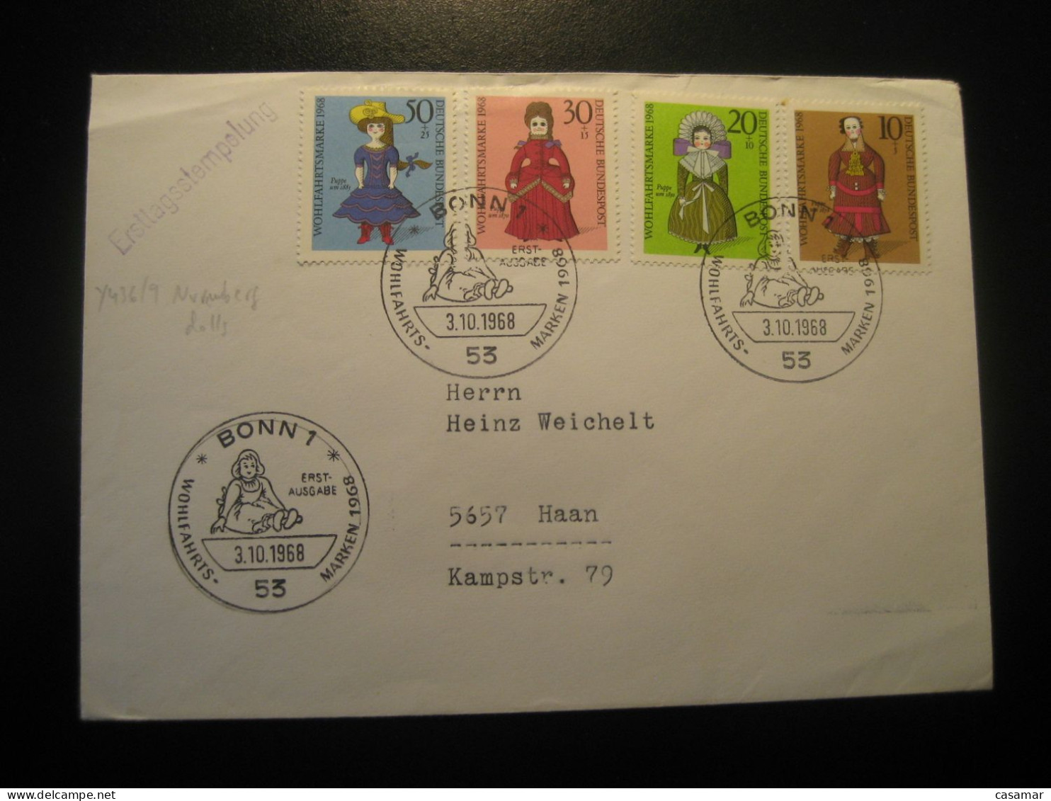 DOLL DOLLS Yvert 436/9 Poupee Poupees Nurnberg Puppe Toy Toys BONN 1968 FDC Cancel Cover GERMANY - Bambole