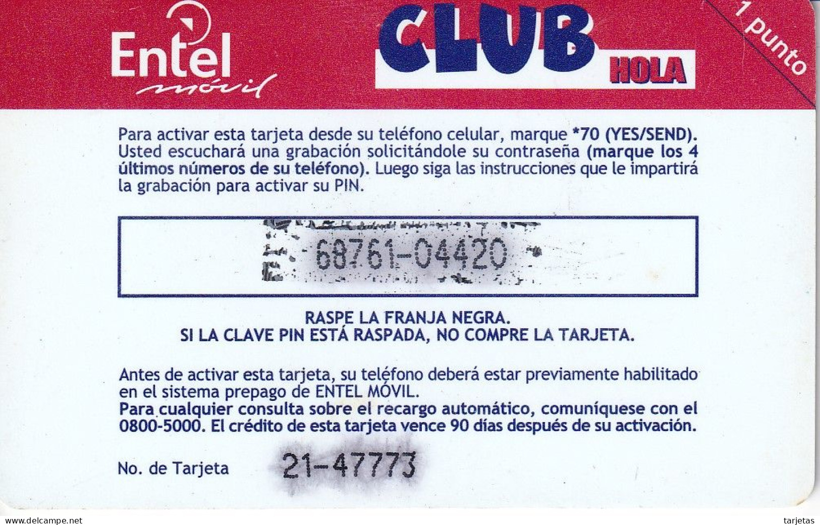 TARJETA DE BOLIVIA DE Bs 50 DE ENTEL CLUB HOLA 1 PUNTO - Bolivie