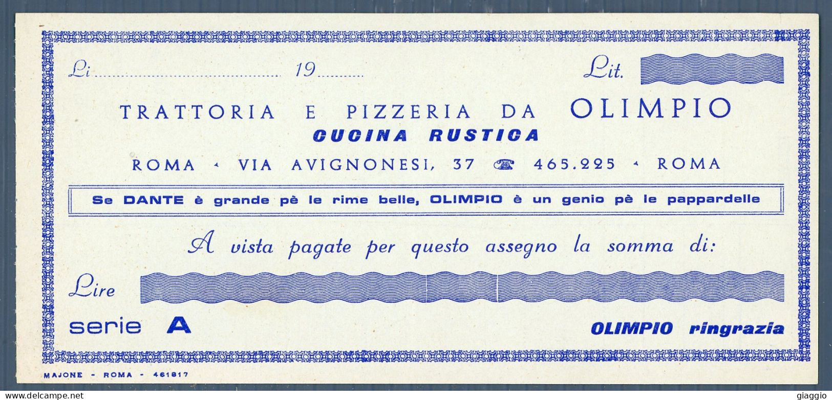 °°° Assegno N. 5288 - Publicitario Trattoria Da Olimpio °°° - Chèques & Chèques De Voyage