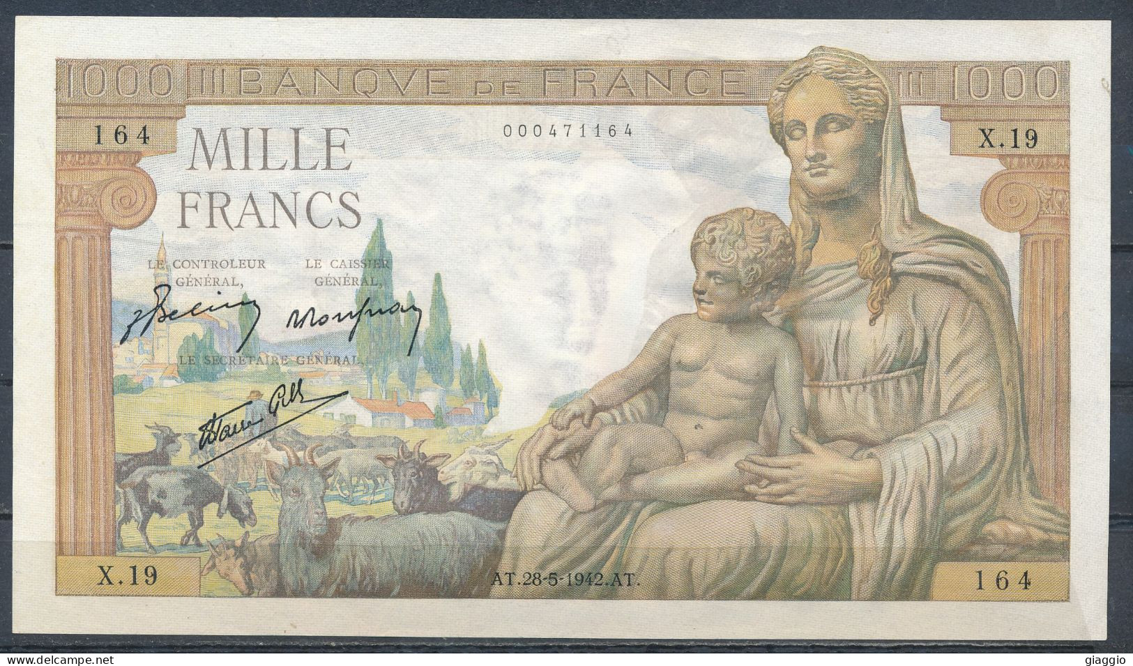 °°° FRANCE - 1000 FRANCS 28/5/1942 °°° - 1 000 F 1942-1943 ''Déesse Déméter''