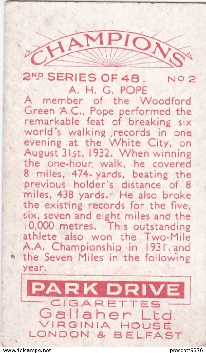 Champions 1935 - 2 AH Pope  - Athetics, Walking    - Gallaher Cigarette Card - Original - Sport - Gallaher