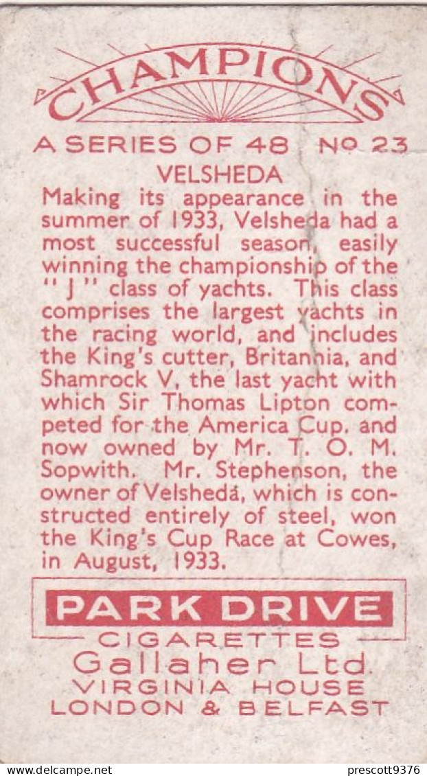 Champions 1934 - 24 Velsheda, J Class Yacht - Athetics, Walking    - Gallaher Cigarette Card - Original - Sport - Gallaher
