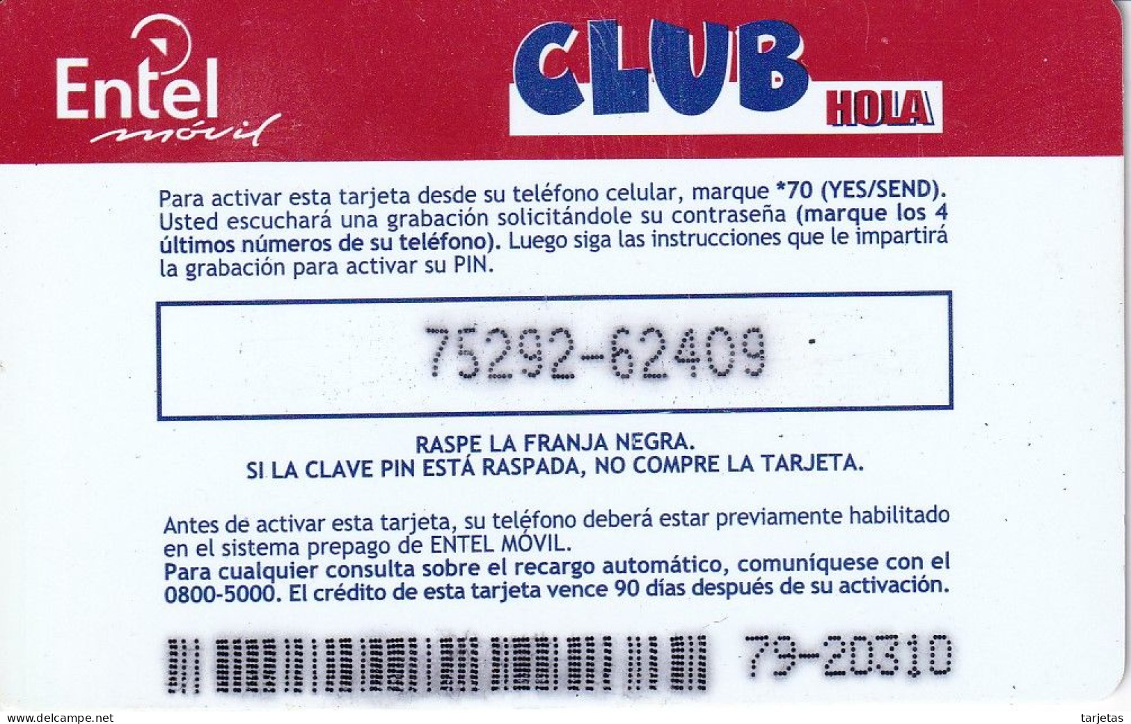 TARJETA DE BOLIVIA DE Bs 50 DE ENTEL - CLUB HOLA - Bolivien