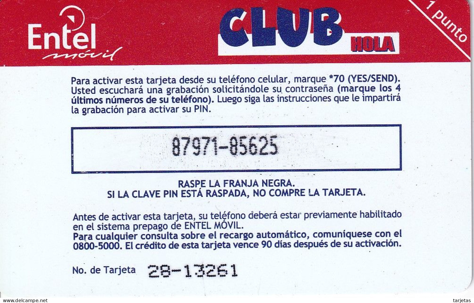 TARJETA DE BOLIVIA DE Bs 50 DE ENTEL - CLUB HOLA - 1 PUNTO - Bolivia