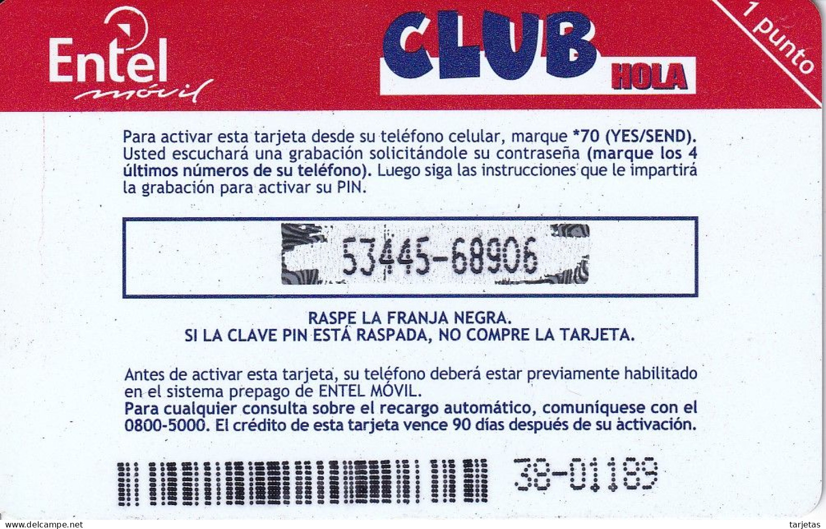 TARJETA DE BOLIVIA DE Bs 50 DE ENTEL - CLUB HOLA - 1 PUNTO CON CODIGO DE BARRAS - Bolivien