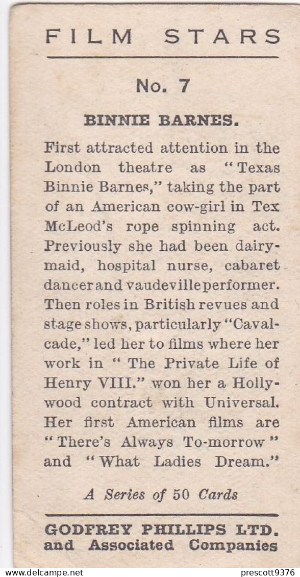 Film Stars 1935  - 7 Binnie Barnes  - Phillips Cigarette Card - Original - - Phillips / BDV