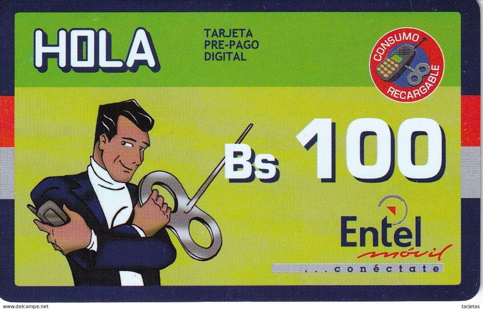 TARJETA DE BOLIVIA DE Bs 100 DE ENTEL - CLUB HOLA - 2 PUNTOS CON CODIGO DE BARRAS - Bolivia
