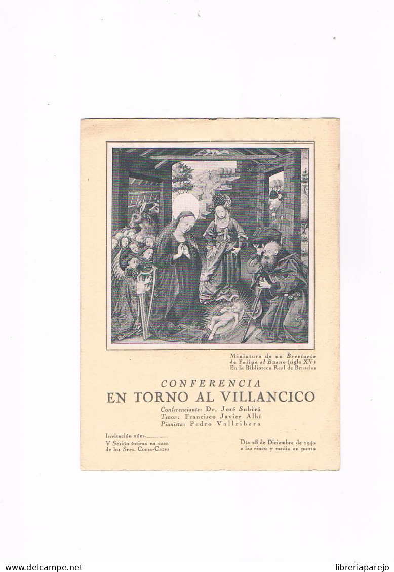 Programa Invitacion Conferencia En Torno Al Villancico Jose Subirá 1940 ** - Programmes