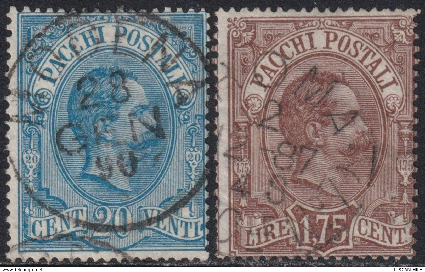 1884/86 - Pacchi Postali Umberto 20 C. Azzurro + 1,75 L. Bruno Usati Periziati - Sassone N.2+6 - Paketmarken