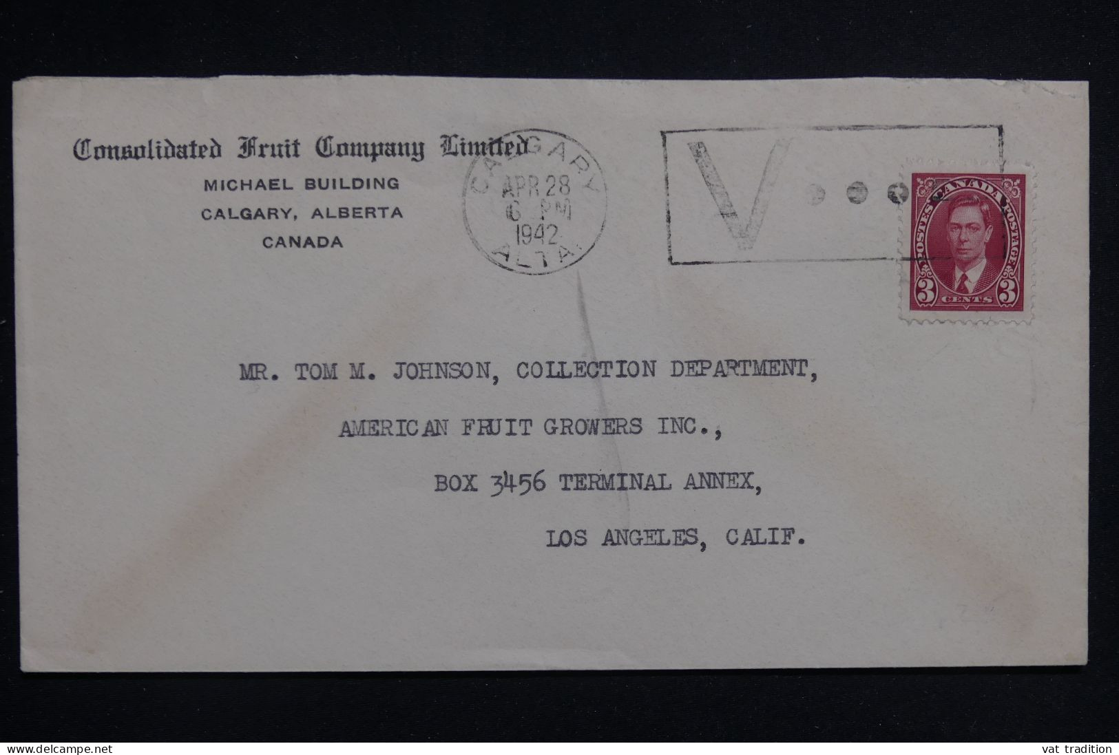 CANADA - Enveloppe Commerciale De Calgary Pour Los Angeles En 1942, Oblitération Patriotique  - L 143299 - Cartas & Documentos