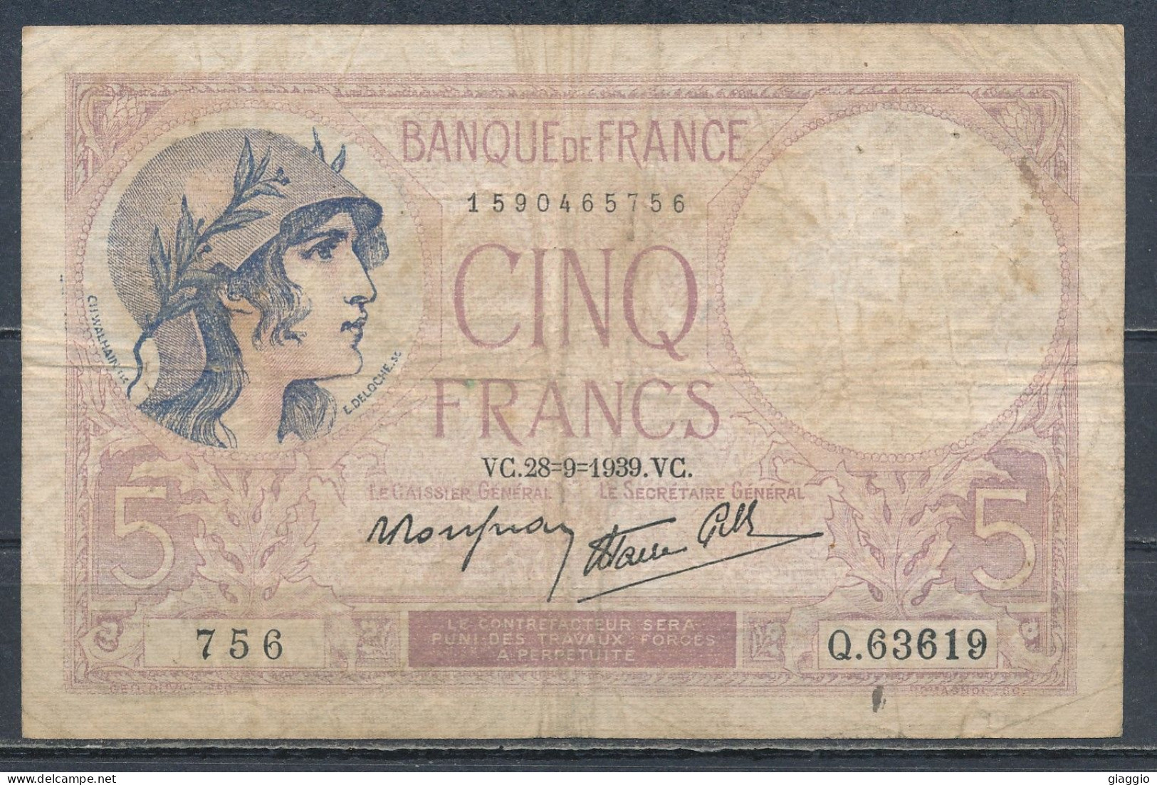 °°° FRANCE 5 FRANCS 28/9/1939 °°° - 5 F 1917-1940 ''Violet''