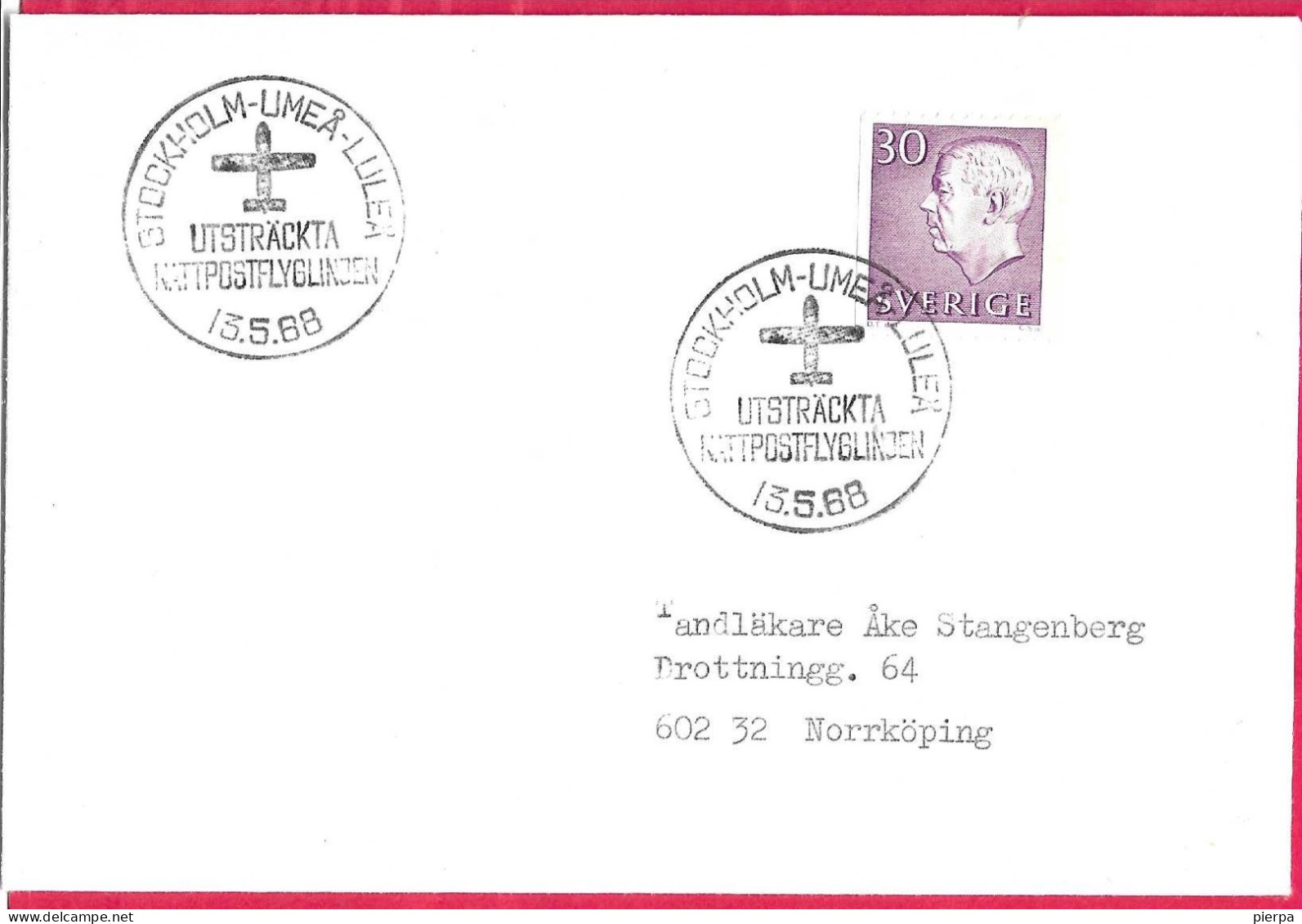 SVERIGE - SPECIAL CANCELLATION " STOCKOLM - UMEA- LULKEA-UTSTRACKTA KATTPOSTFLYGLINGEN*13.5.1968* ON ENVELOPE - Briefe U. Dokumente