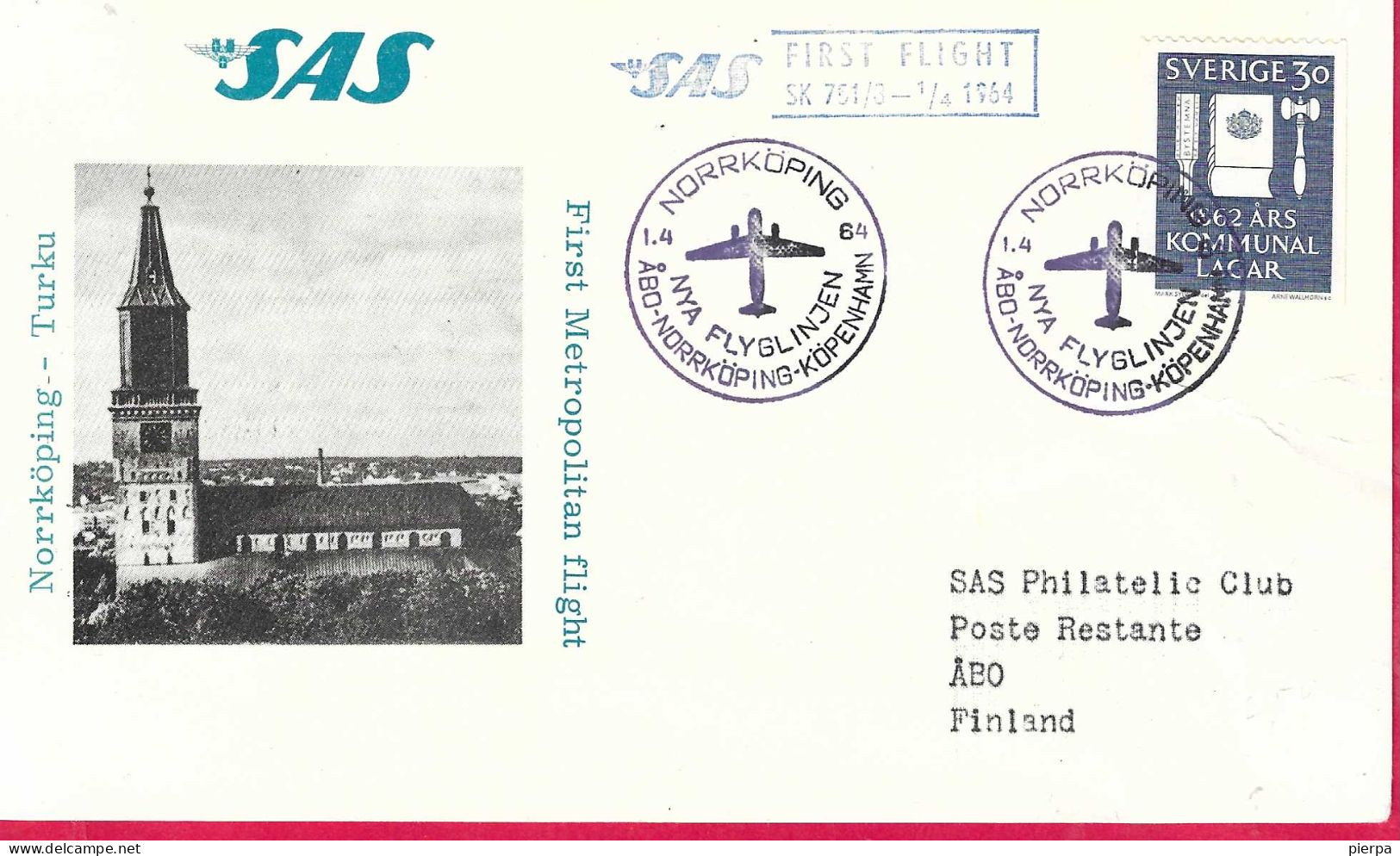 SVERIGE - FIRST FLIGHT SAS SK 751/8 1964 FROM NORRKOPING TO TURKU*1.4.64* ON OFFICIAL ENVELOPE - Briefe U. Dokumente