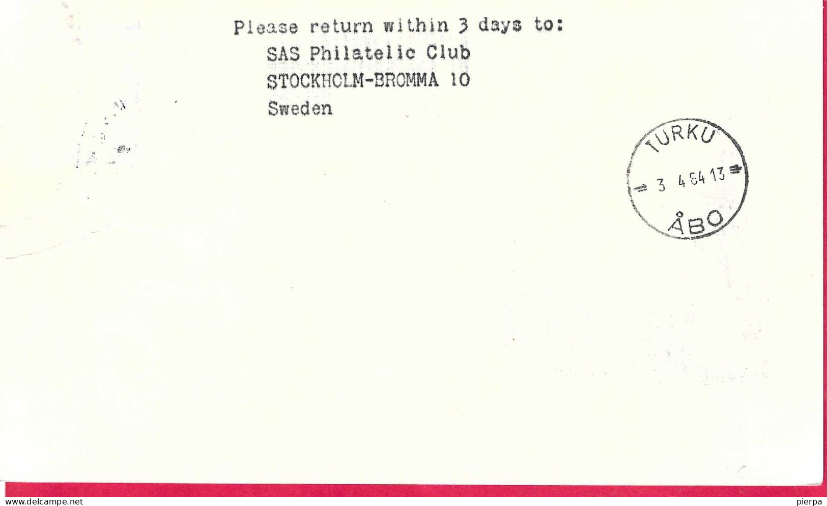 SVERIGE - FIRST FLIGHT SAS SK 751/8 1964 FROM NORRKOPING TO TURKU*1.4.64* ON OFFICIAL ENVELOPE - Brieven En Documenten