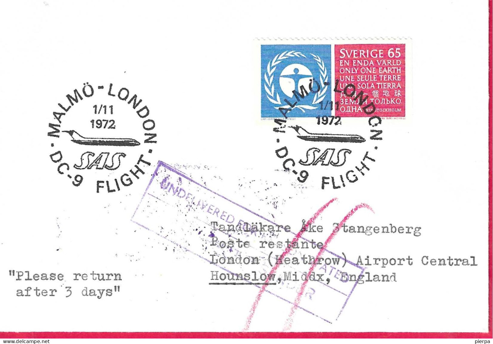 SVERIGE - FIRST DC-9 FLIGHT SAS FROM MALMO TO LONDON * 1.11.1972* ON OFFICIAL ENVELOPE - Covers & Documents