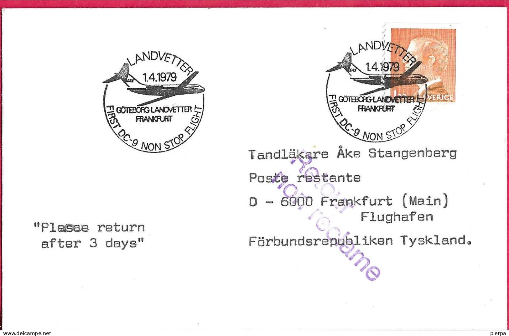 SVERIGE - FIRST DC-9 NON STOP FLIGHT FROM GOTEBORG TO FRANKFURT * 1.4.1979* ON OFFICIAL ENVELOPE - Brieven En Documenten