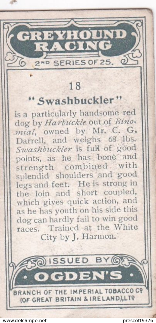 Grehound Racing 1928 - 18 Swashbuckler - Ogdens Cigarette Card - Phillips / BDV