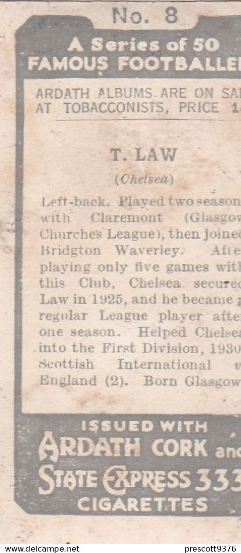 Famous Footballers 1934 - 8 T Law, Chelsea - Ardath Cigarette Card - Phillips / BDV