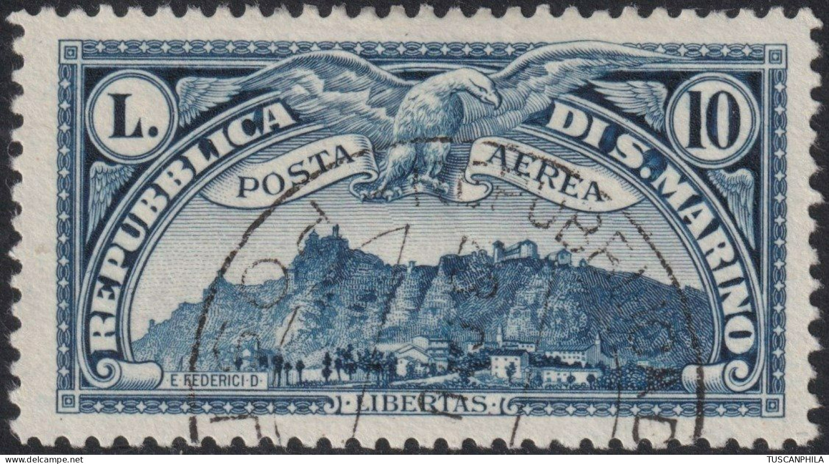 San Marino 1931 - Posta Aerea Veduta 10 L. Azzuro Usato Raro Pluriperiziato - Sassone N.10 - Used Stamps