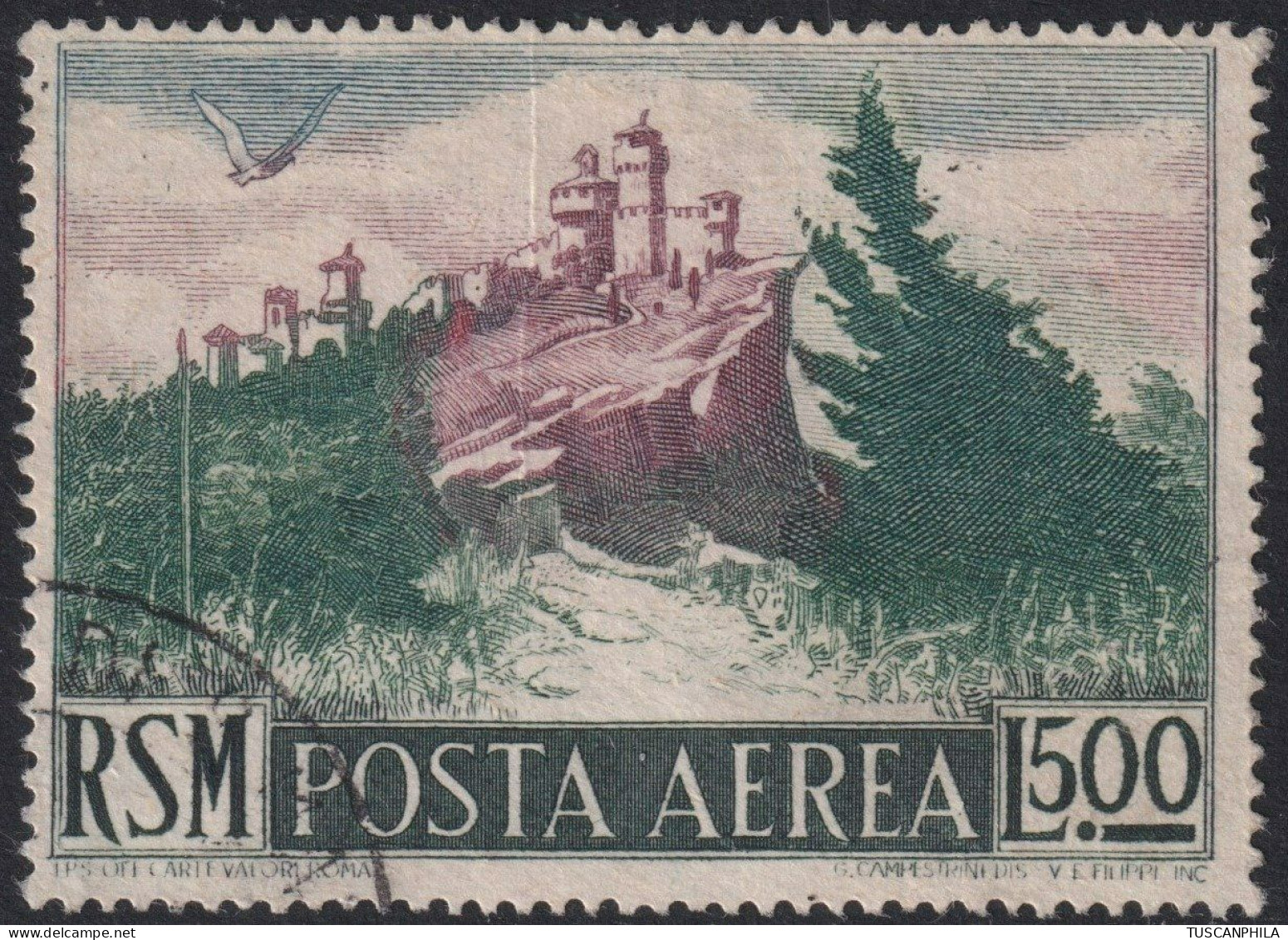 San Marino 1950 - Posta Aerea Veduta 500 L. Verde E Lilla Bruno Usato Periziato - Sassone N.91 - Gebraucht