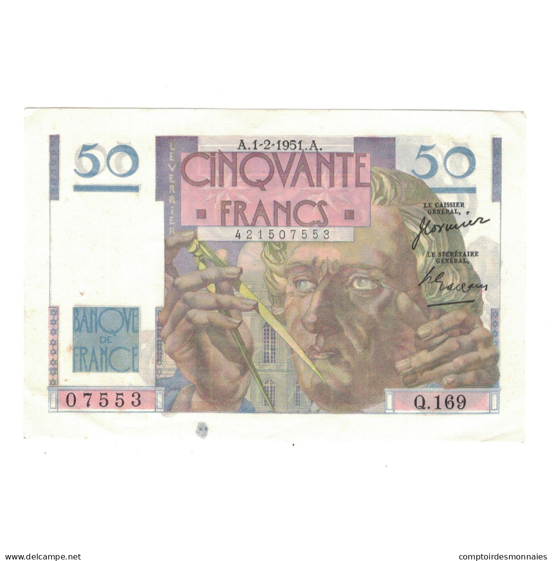 France, 50 Francs, Le Verrier, 1951, Q.169, TTB+, Fayette:Q.169, KM:127c - 50 F 1946-1951 ''Le Verrier''