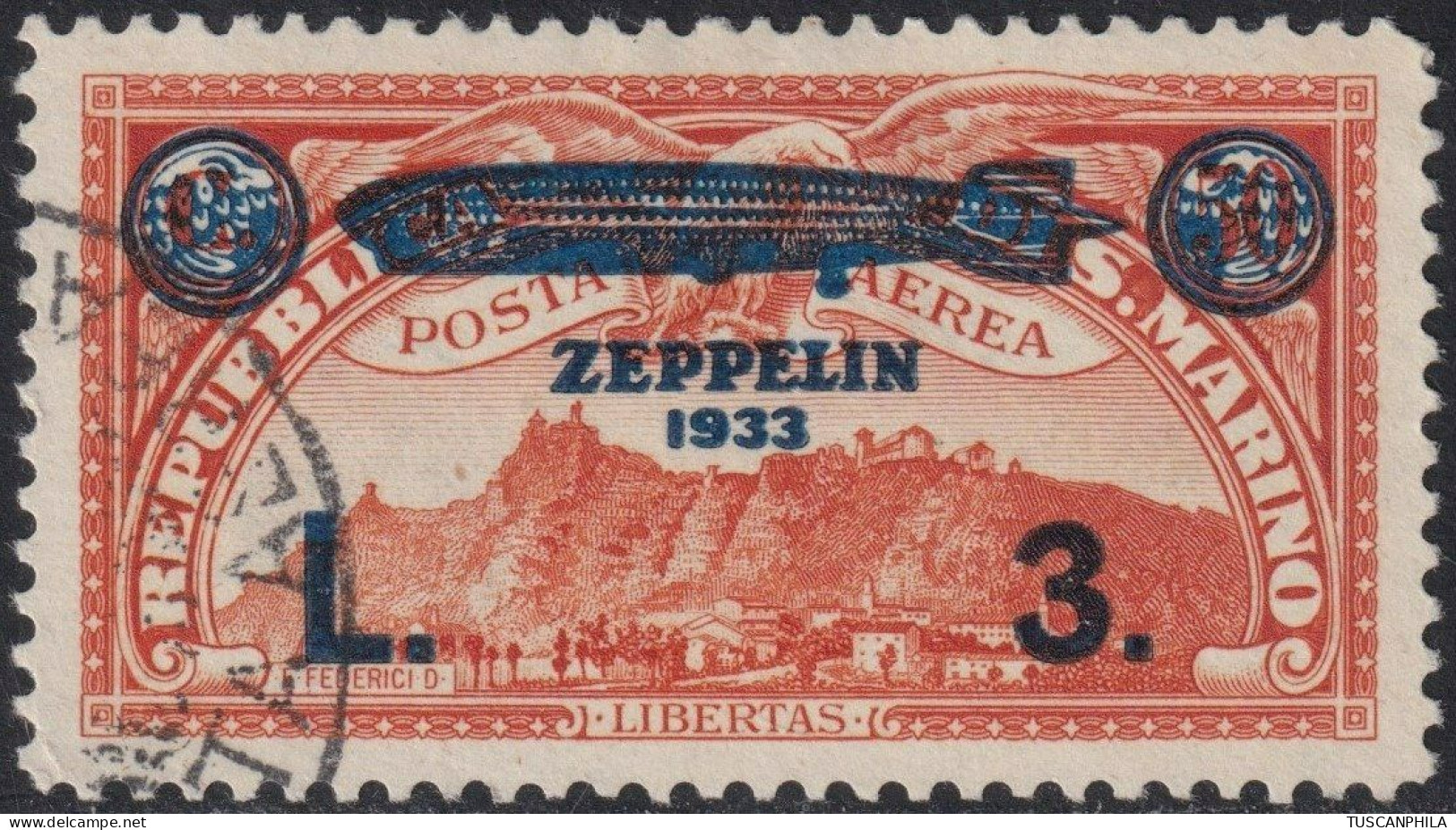 San Marino 1933 - Posta Aerea Zeppelin Soprastampato 3 L. Su 50 C. Arancio Usato Periziato - Sassone N.11 - Oblitérés