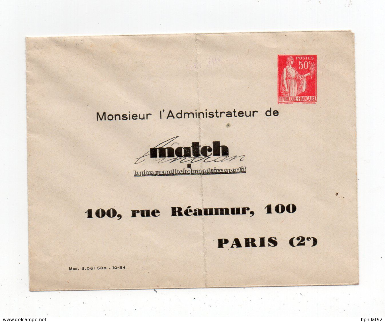 !!! ENTIER POSTAL 50 C PAIX REPIQUAGE MATCH - Buste Ristampe (ante 1955)