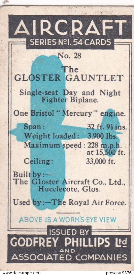 28 Gloster Gauntlet, Fighter - Aircraft Series 1938 - Godfrey Phillips Cigarette Card - Original - Military - Travel - Phillips / BDV